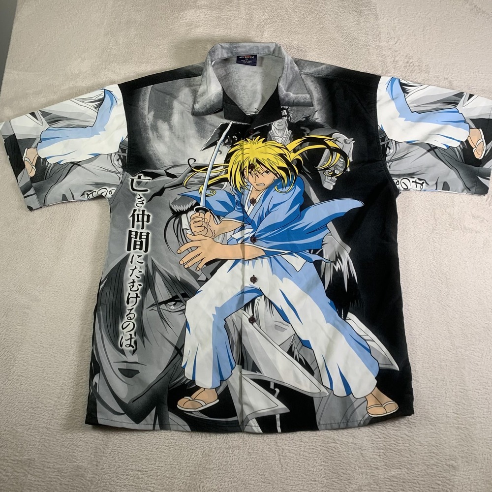 ZEN Shirt Mens XL Black‎ Anime Samurai Graphic Short Sleeve Button Up Casual